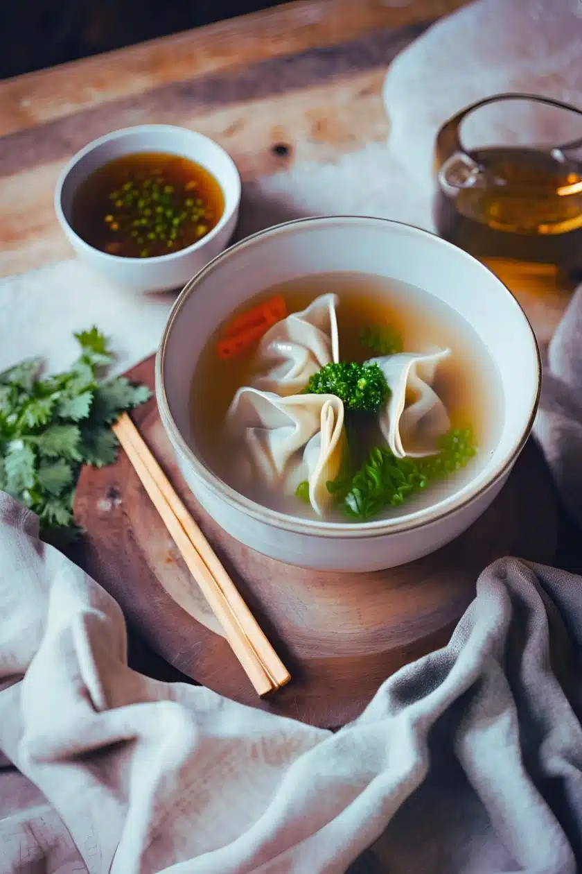 bowl of wonton soup placed on a rustic wooden table