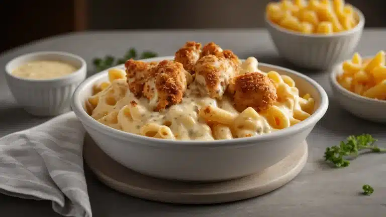 Close up of Chick-fil-A mac and cheese with chicken