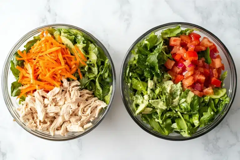 A bowl of creamy shredded chicken salad with fresh herbs and a side of chopped chicken for comparison