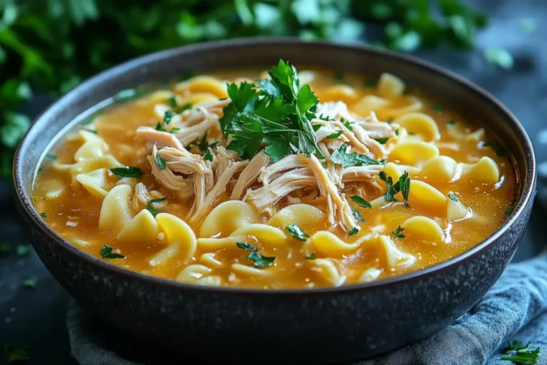 Close-up of a bowl of Chick-fil-A chicken noodle soup garnished with parsley.