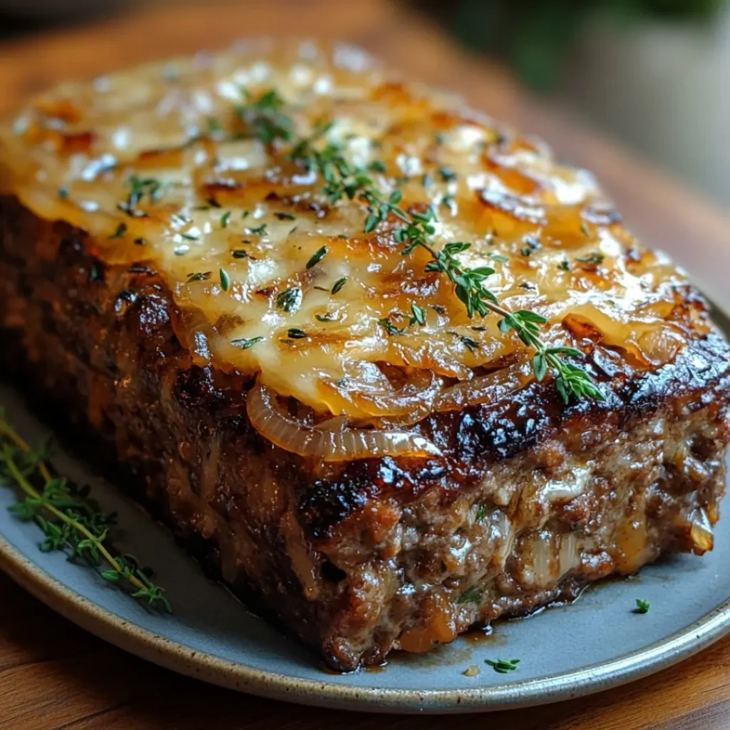 Crockpot French Onion Meatloaf with melted Swiss cheese
