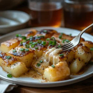 Mississippi Mud Potatoes Recipe: 3 Easy Steps to Ultimate Cheesy Bliss! 4 Plated Mississippi Mud Potatoes with cheese pull.