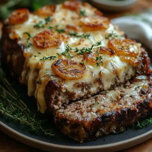 Crockpot French Onion Meatloaf: The Ultimate Comfort Food 4 Sliced French Onion Meatloaf with sauce and thyme