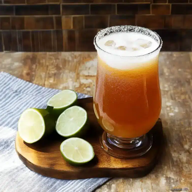 A refreshing Michelada served in a salt-rimmed glass, garnished with fresh lime wedges on a wooden board.