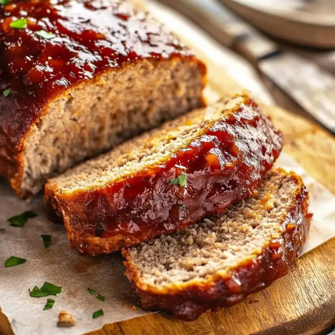 French onion meatloaf sliced and glazed with a sweet and tangy sauce, garnished with fresh herbs
