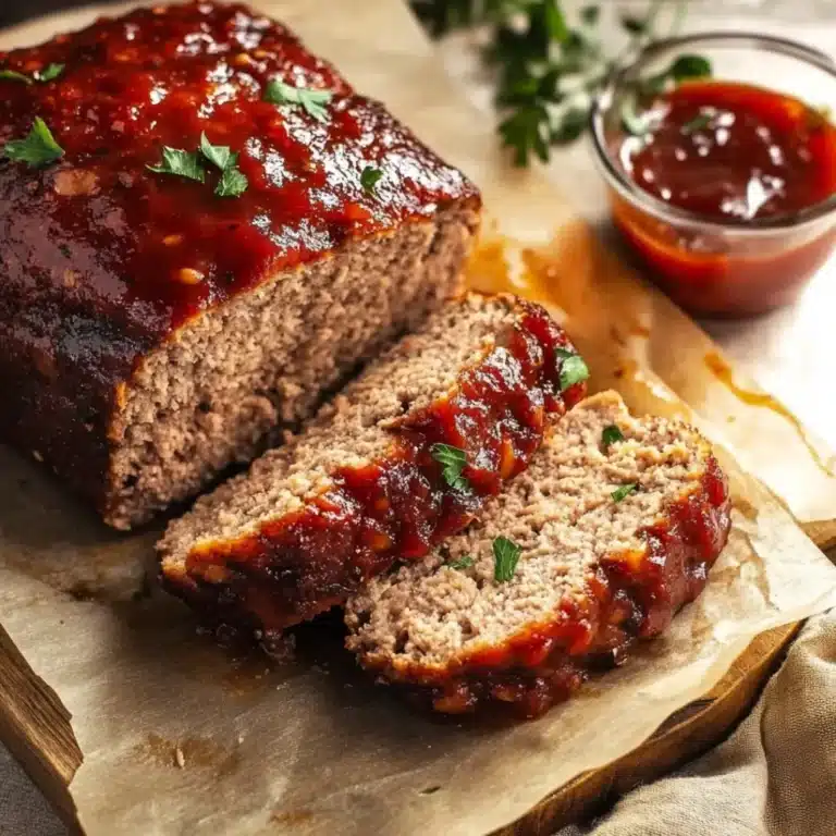 Juicy French onion meatloaf sliced and topped with a rich, tangy glaze, served on a wooden board.