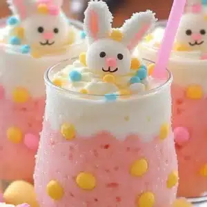 Delicious Easter Bunny Punch Recipe 4 Glasses of Easter Bunny Punch with whipped cream, candy dots, and marshmallow bunny toppers.