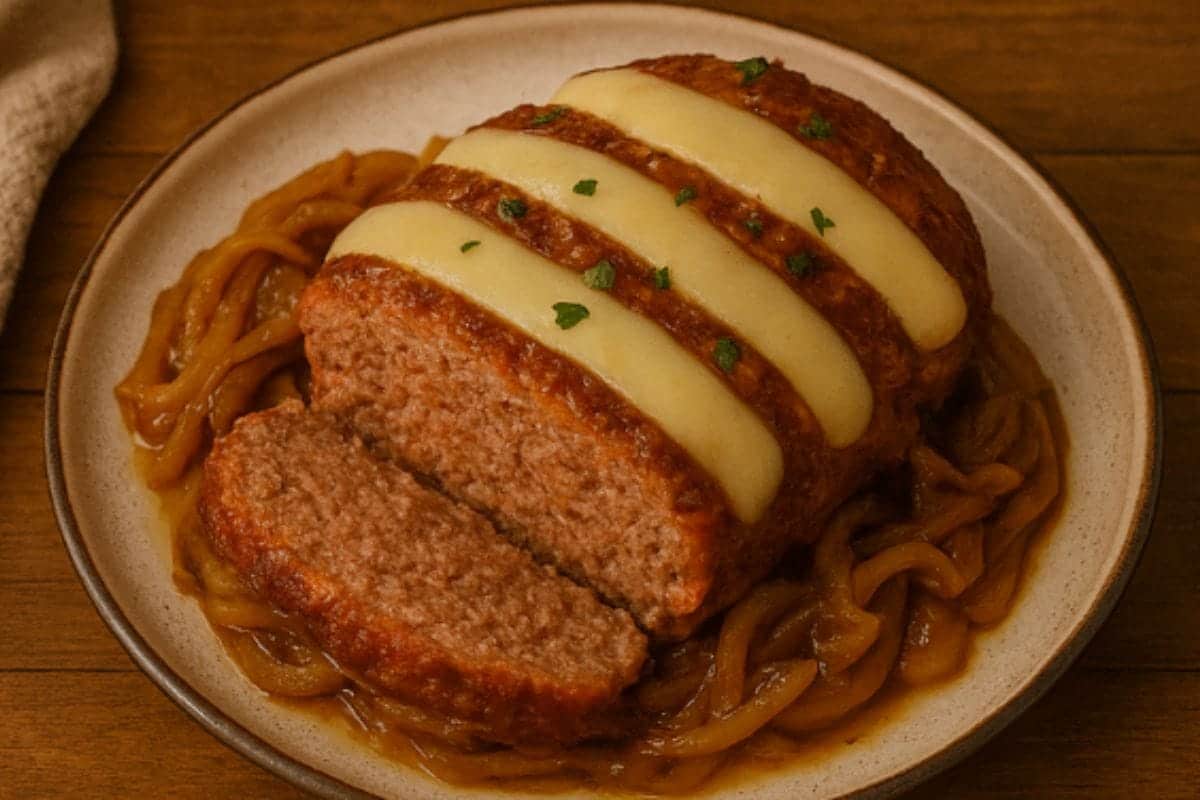 Crockpot French onion meatloaf recipe card