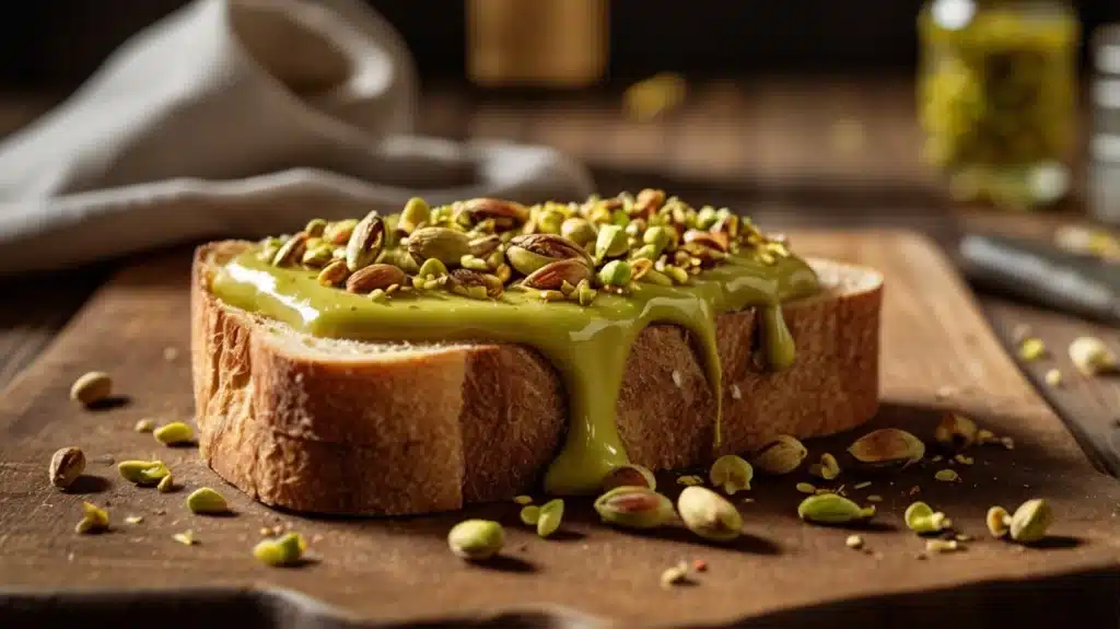 Creamy pistachio butter spread on toast with honey drizzle
