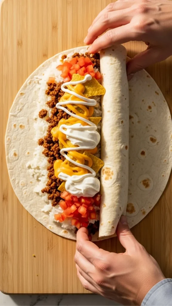 You’ll Never Believe How Easy It Is to Make a Grilled Cheese Burrito at Home 4 Filling and rolling a grilled cheese burrito on a wooden board