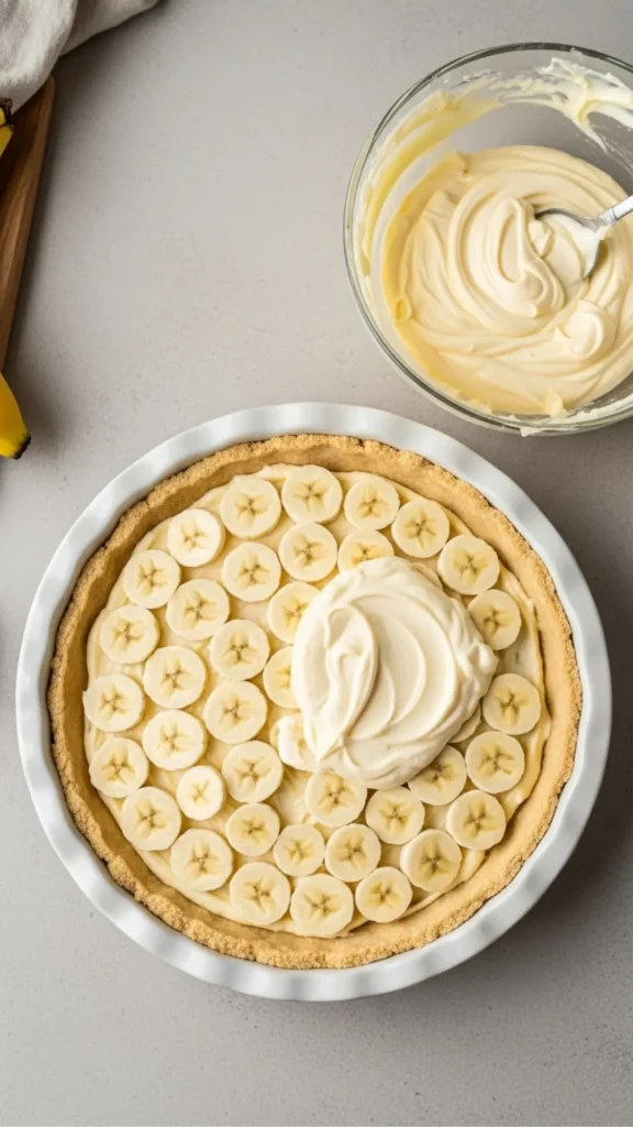 Banana Pudding Lush Dessert: The Viral Treat You Can’t Ignore 4 Banana slices arranged on crust with pudding bowl nearby, mid-assembly