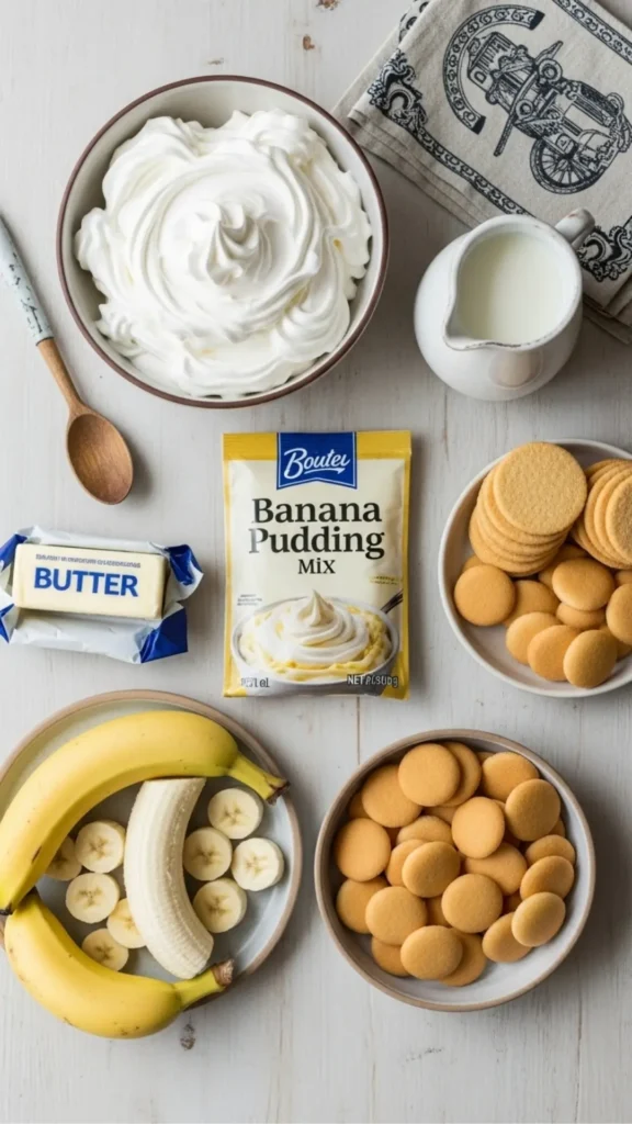 Banana Pudding Lush Dessert: The Viral Treat You Can’t Ignore 2 Flat lay of all ingredients needed for banana pudding lush dessert, arranged neatly on a counter