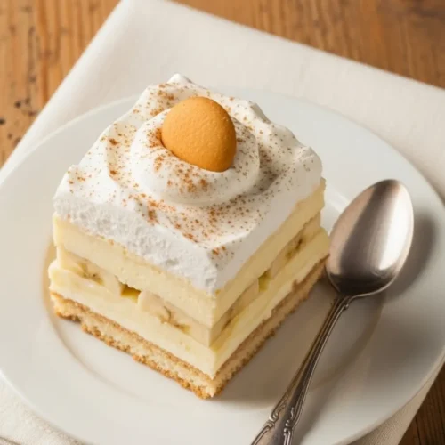 Banana Pudding Lush Dessert: The Viral Treat You Can’t Ignore 6 Styled Pinterest image with banana pudding slice, napkin, and decorative spoon
