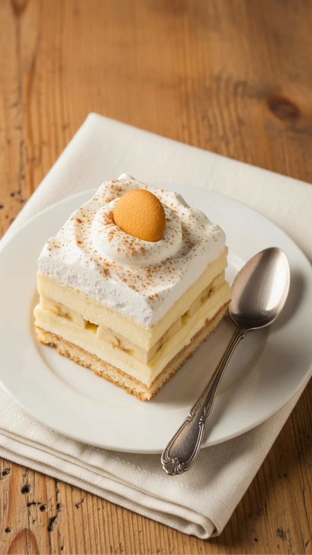 Styled Pinterest image with banana pudding slice, napkin, and decorative spoon