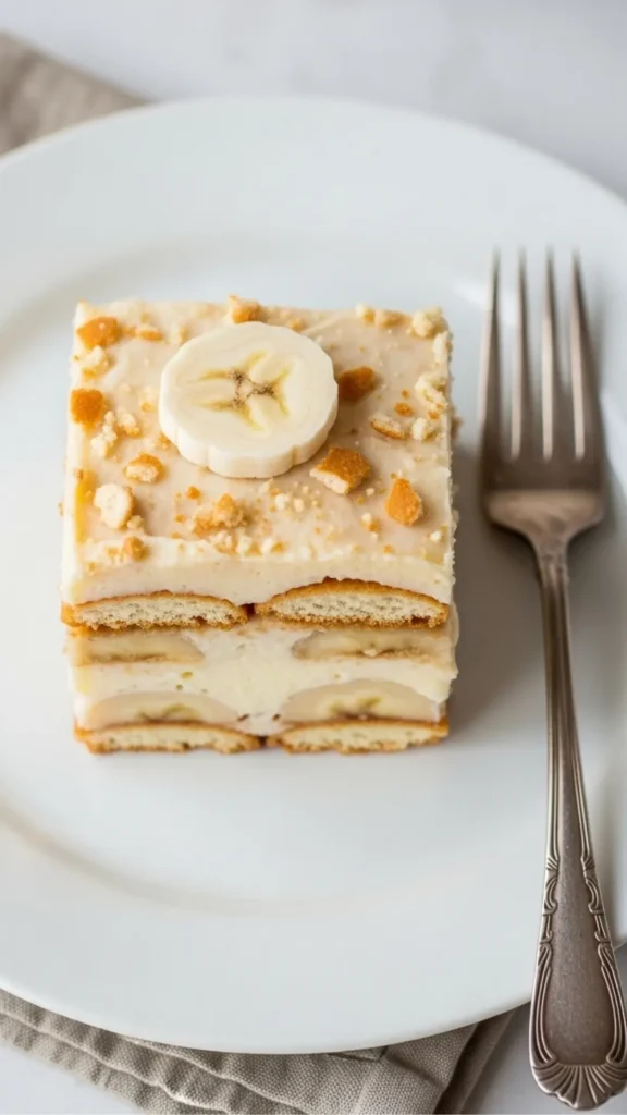 Banana Pudding Lush Dessert: The Viral Treat You Can’t Ignore 7 A single slice of banana pudding lush dessert served on a plate with fork
