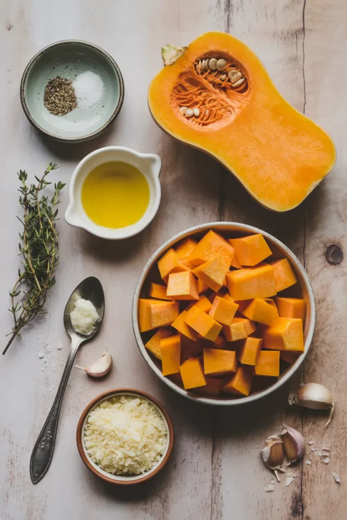 Easy Roasted Butternut Squash with Garlic and Parmesan 2 Ingredients for roasted butternut squash including cubed squash, olive oil, Parmesan, garlic, thyme, salt, and pepper on a rustic table