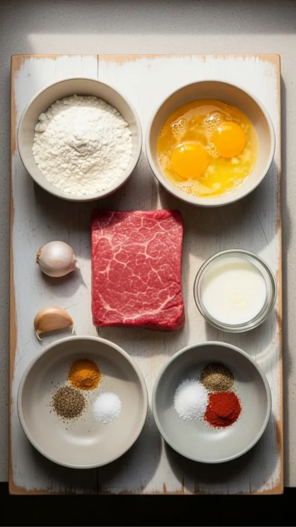 Chicken Fried Steak with Country Gravy: The Comfort Food You Deserve 3 Raw ingredients laid out: cube steak, flour, eggs, milk, seasonings