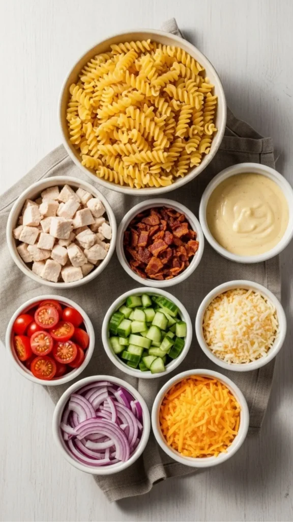 Club Sandwich Pasta Salad: The Unstoppable Mashup You Need 2 Flat lay of ingredients: rotini, chicken, bacon, cherry tomatoes, cucumber, red onion, shredded cheese, dressing