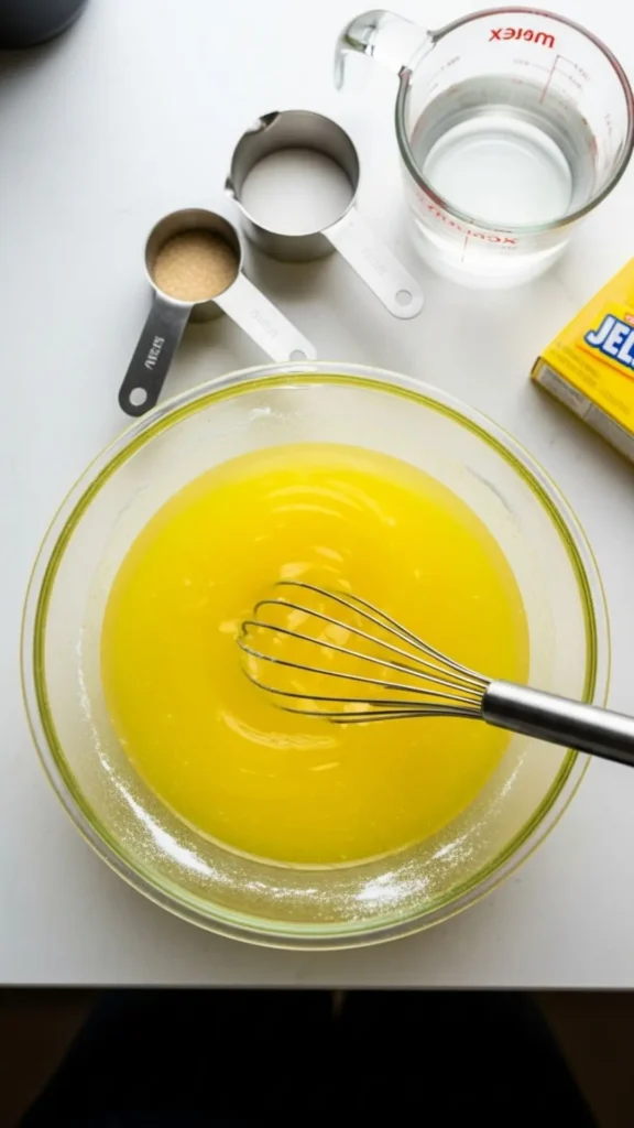 Hawaiian Jello Shots with Coconut Rum: Your New Party Obsession 3 Pineapple Jello being stirred into hot water in a mixing bowl