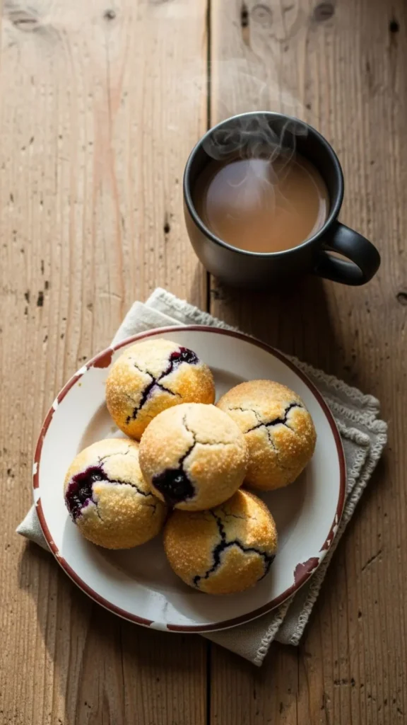 Easy Blueberry Pie Bombs: The Dessert That’ll Steal the Spotlight 6 A small plate with 2–3 blueberry pie bombs and a cup of coffee