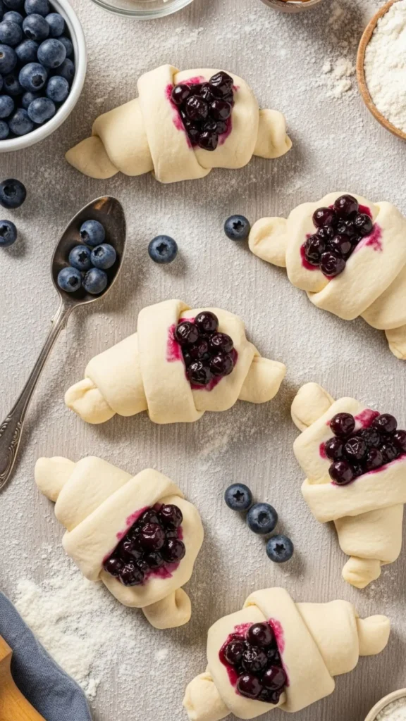 Easy Blueberry Pie Bombs: The Dessert That’ll Steal the Spotlight 3 Crescent roll dough triangles with blueberry filling on a counter