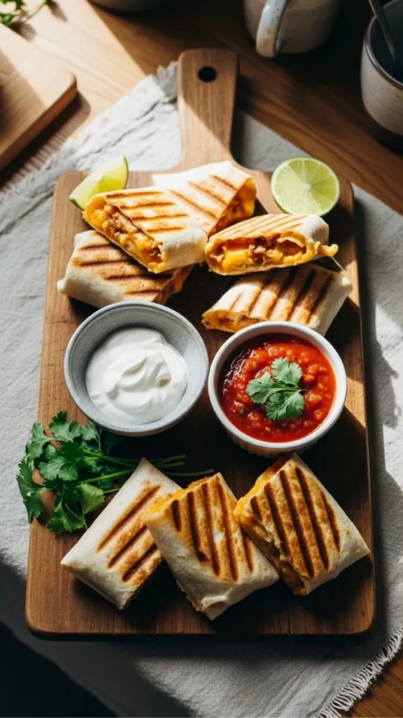 You’ll Never Believe How Easy It Is to Make a Grilled Cheese Burrito at Home 7 A platter of cut grilled cheese burritos with dipping sauces on the side