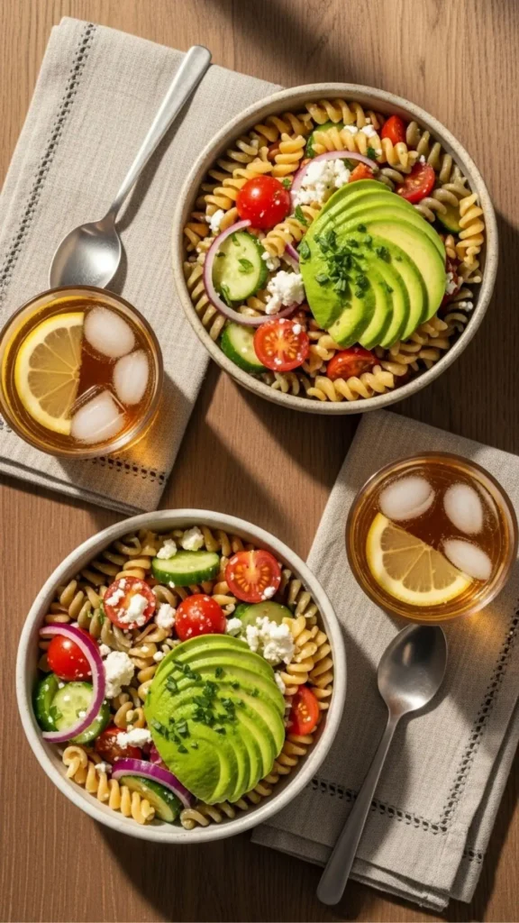 Club Sandwich Pasta Salad: The Unstoppable Mashup You Need 4 Finished salad in serving bowls with garnishes—parsley and avocado on top