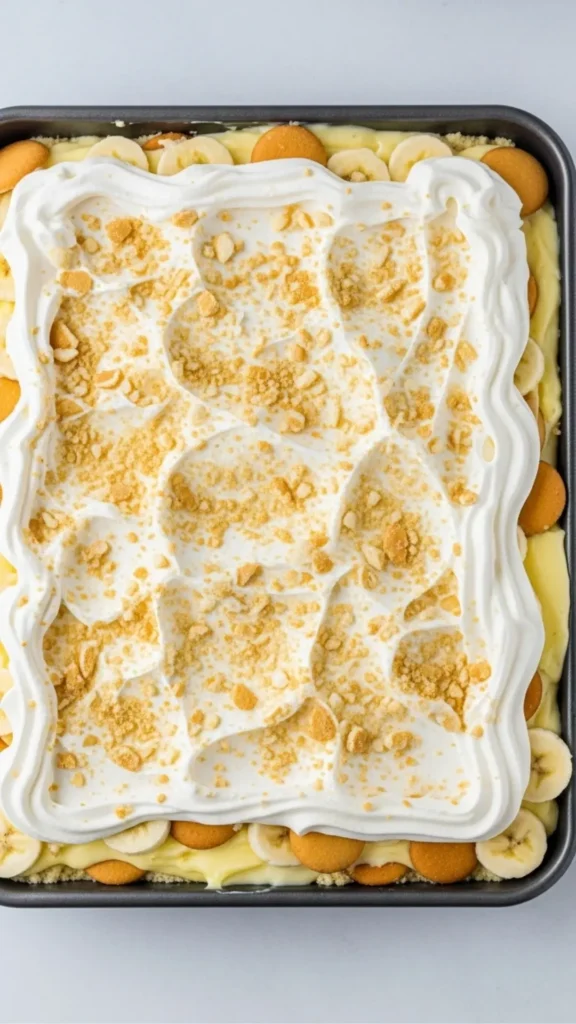 Banana Pudding Lush Dessert: The Viral Treat You Can’t Ignore 5 Fully assembled dessert in pan with smooth topping, ready for chilling