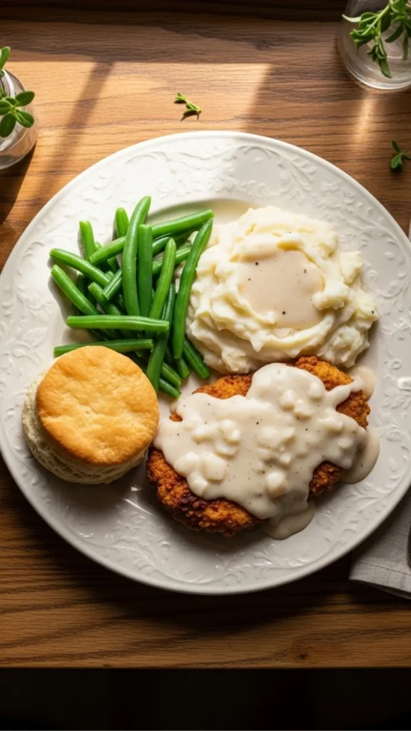 Chicken Fried Steak with Country Gravy: The Comfort Food You Deserve 8 Plated chicken fried steak meal with mashed potatoes and green beans