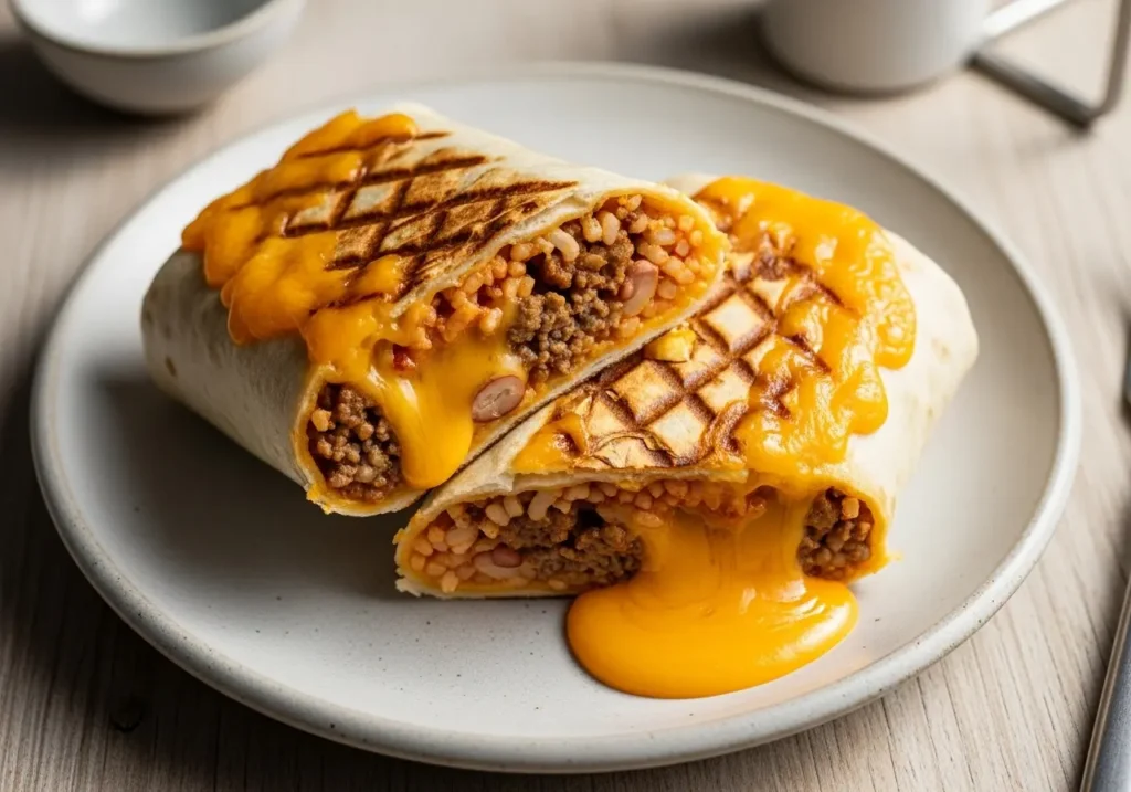 A golden grilled cheese burrito on a plate with melted cheddar on top