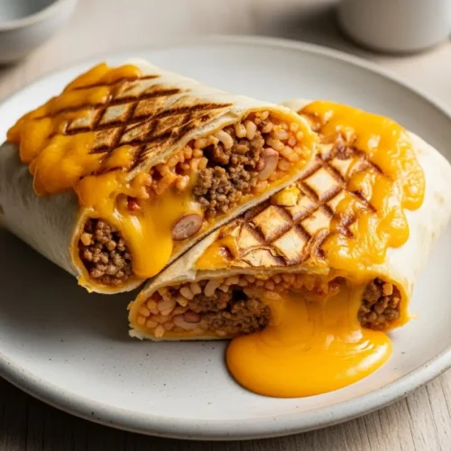 You’ll Never Believe How Easy It Is to Make a Grilled Cheese Burrito at Home 6 A golden grilled cheese burrito on a plate with melted cheddar on top