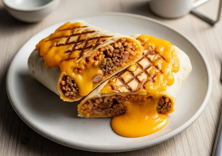 A golden grilled cheese burrito on a plate with melted cheddar on top