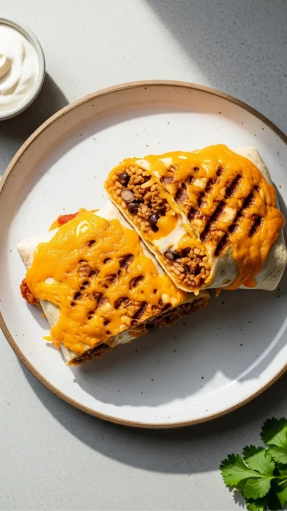 You’ll Never Believe How Easy It Is to Make a Grilled Cheese Burrito at Home 2 A grilled cheese burrito on a plate with melted cheddar on top