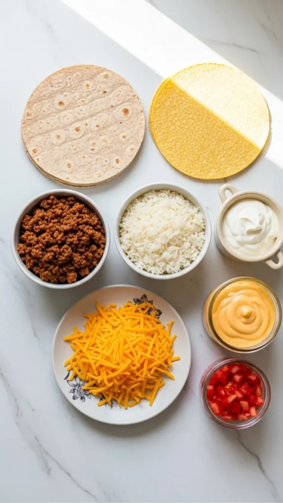 You’ll Never Believe How Easy It Is to Make a Grilled Cheese Burrito at Home 3 Ingredients for grilled cheese burrito laid out neatly on a white counter