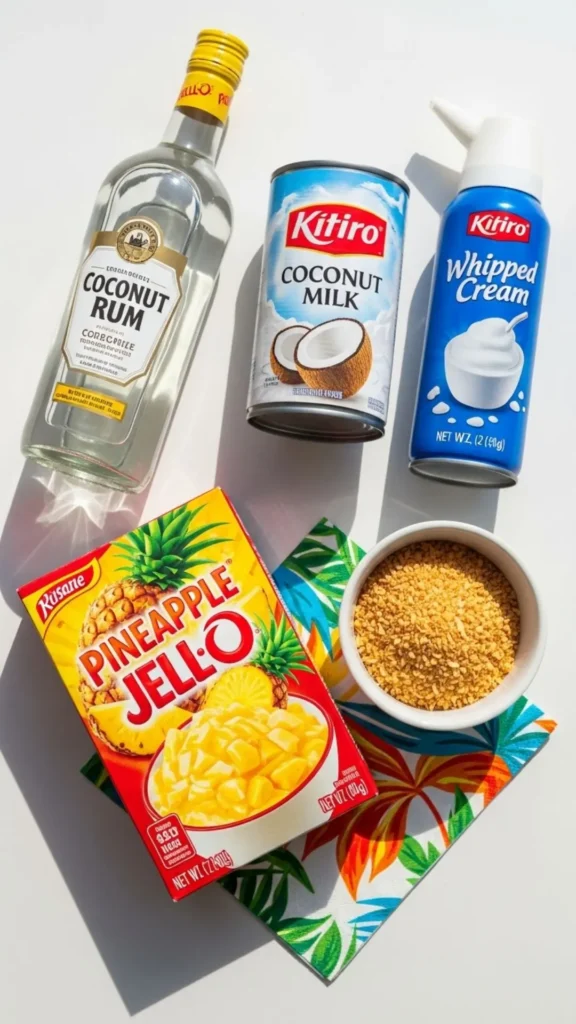 Hawaiian Jello Shots with Coconut Rum: Your New Party Obsession 2 Flat lay of ingredients: pineapple Jello, coconut rum, coconut milk, whipped cream Hawaiian Jello shots with coconut rum