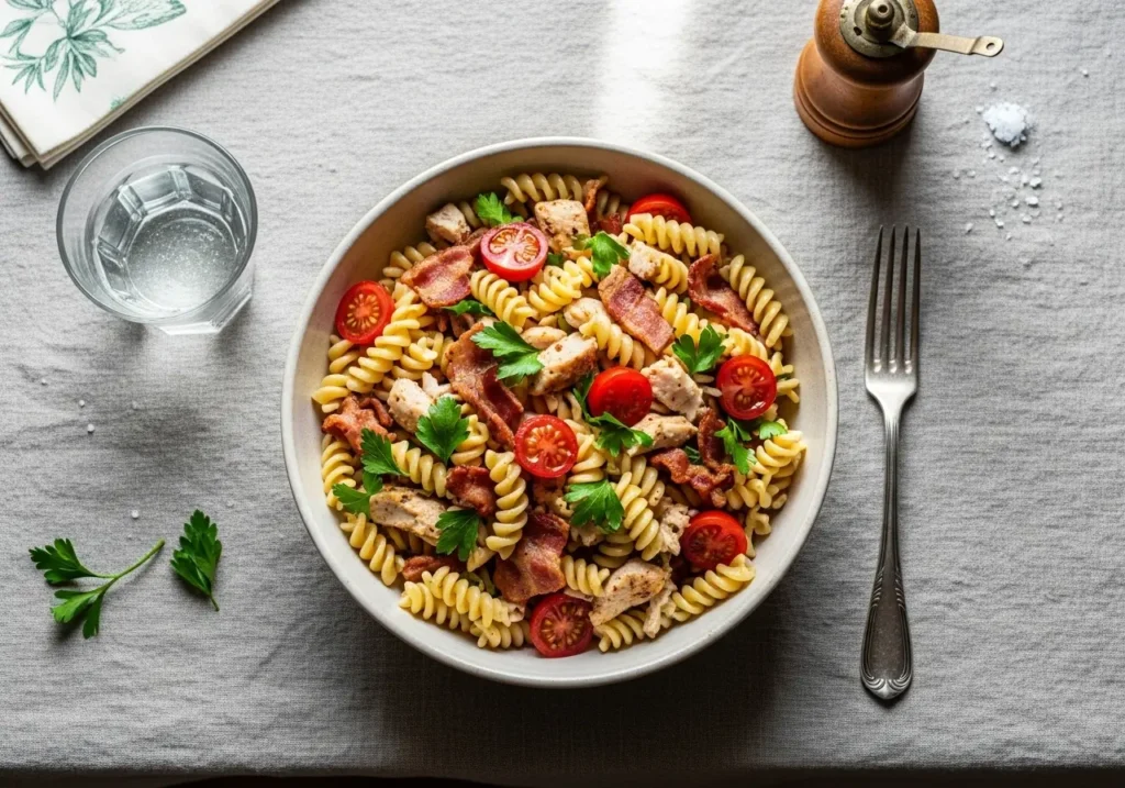 Bowl of club sandwich pasta salad with bacon, chicken, and veggies on a kitchen table