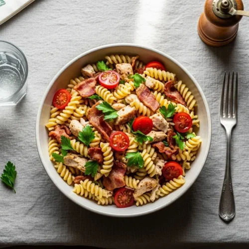 Club Sandwich Pasta Salad: The Unstoppable Mashup You Need 6 Bowl of club sandwich pasta salad with bacon, chicken, and veggies on a kitchen table