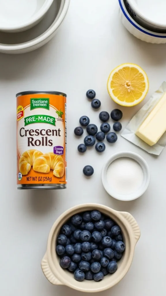 Easy Blueberry Pie Bombs: The Dessert That’ll Steal the Spotlight 2 Ingredients arranged neatly: crescent dough, blueberries, lemon, sugar