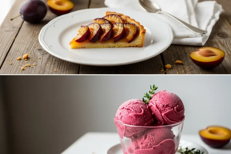 Slice of caramelized plum tart and plum thyme sorbet on a white ceramic plate