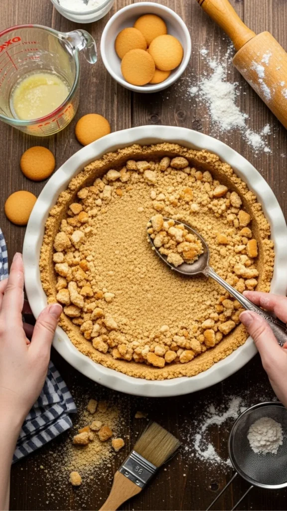 Banana Pudding Lush Dessert: The Viral Treat You Can’t Ignore 3 Overhead of crushed cookies being mixed with butter and pressed into a baking dish