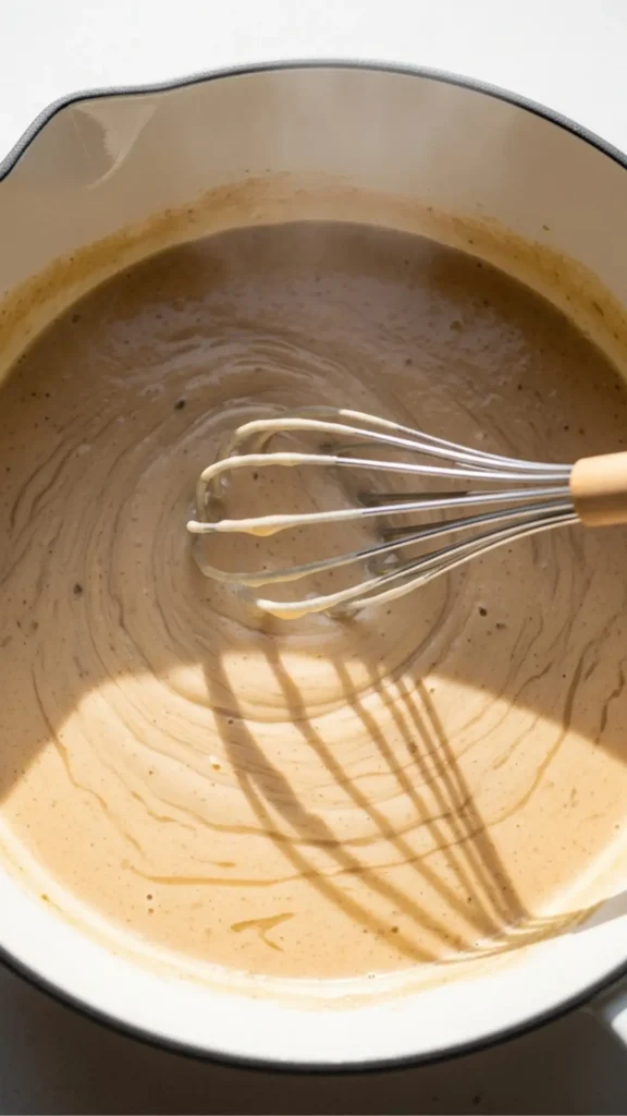 Chicken Fried Steak with Country Gravy: The Comfort Food You Deserve 6 Small saucepan with gravy being whisked until smooth and thick