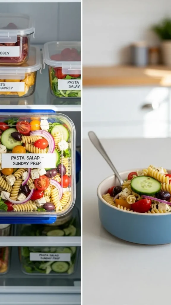 Club Sandwich Pasta Salad: The Unstoppable Mashup You Need 5 Side-by-side shot: container of salad going into the fridge and a small bowl for next-day lunch