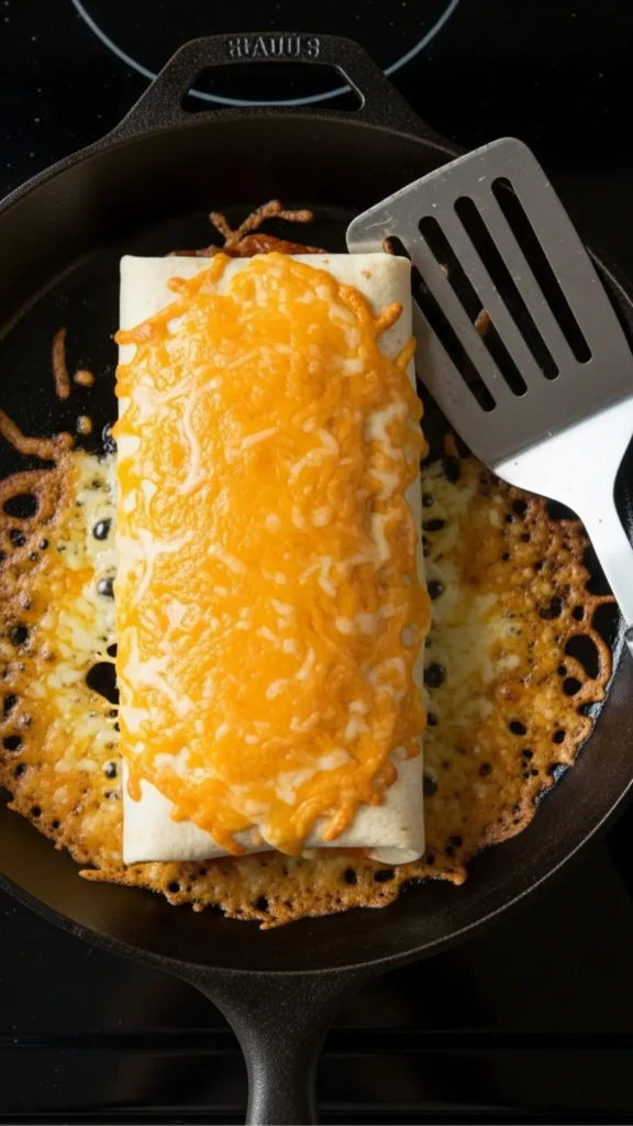 You’ll Never Believe How Easy It Is to Make a Grilled Cheese Burrito at Home 5 Burrito being grilled in a skillet with cheddar melting on top