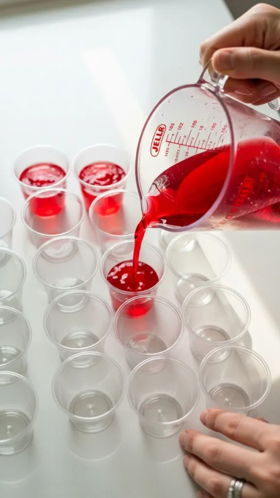 Hawaiian Jello Shots with Coconut Rum: Your New Party Obsession 4 Clear plastic shot cups being filled with creamy pineapple-coconut mix