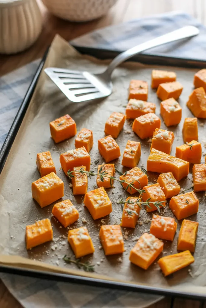 Easy Roasted Butternut Squash with Garlic and Parmesan 3 Roasted butternut squash on a parchment-lined baking sheet, sprinkled with Parmesan and thyme