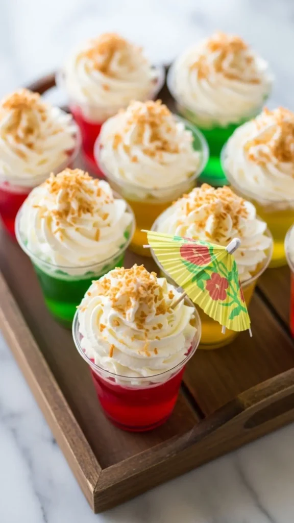 Hawaiian Jello Shots with Coconut Rum: Your New Party Obsession 7 Close-up of finished Jello shots with tropical garnish and cocktail umbrella