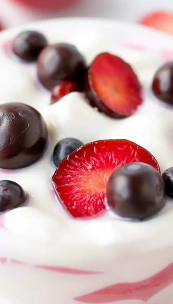 Healthy Greek yogurt parfait with plums and cinnamon on a wooden table