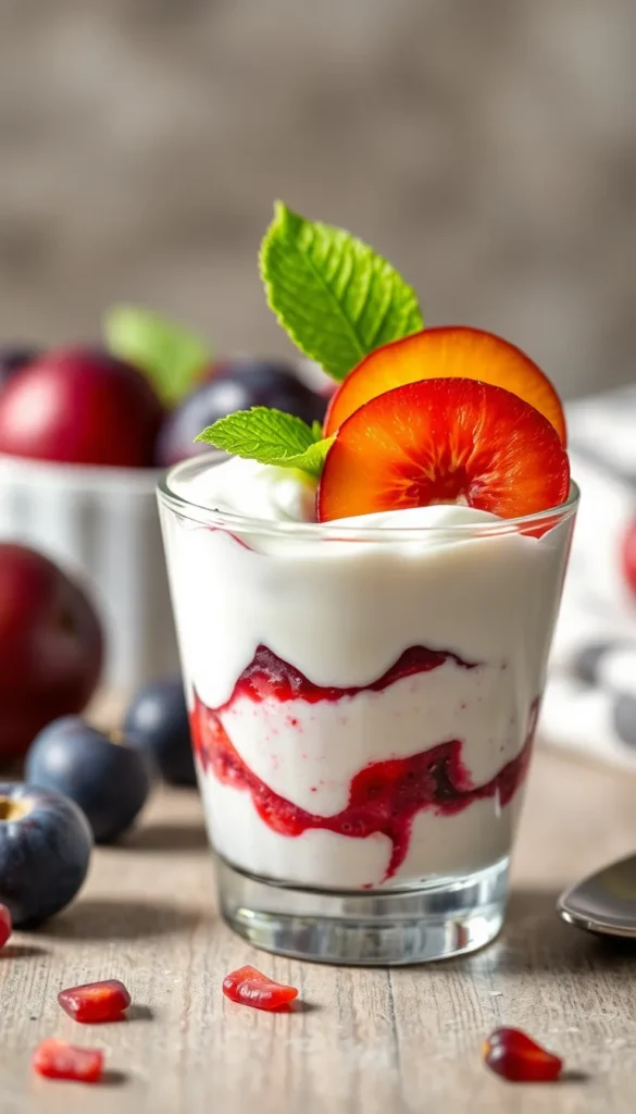 Overhead shot of parfait layers: yogurt, plum slices, sugar-free granola