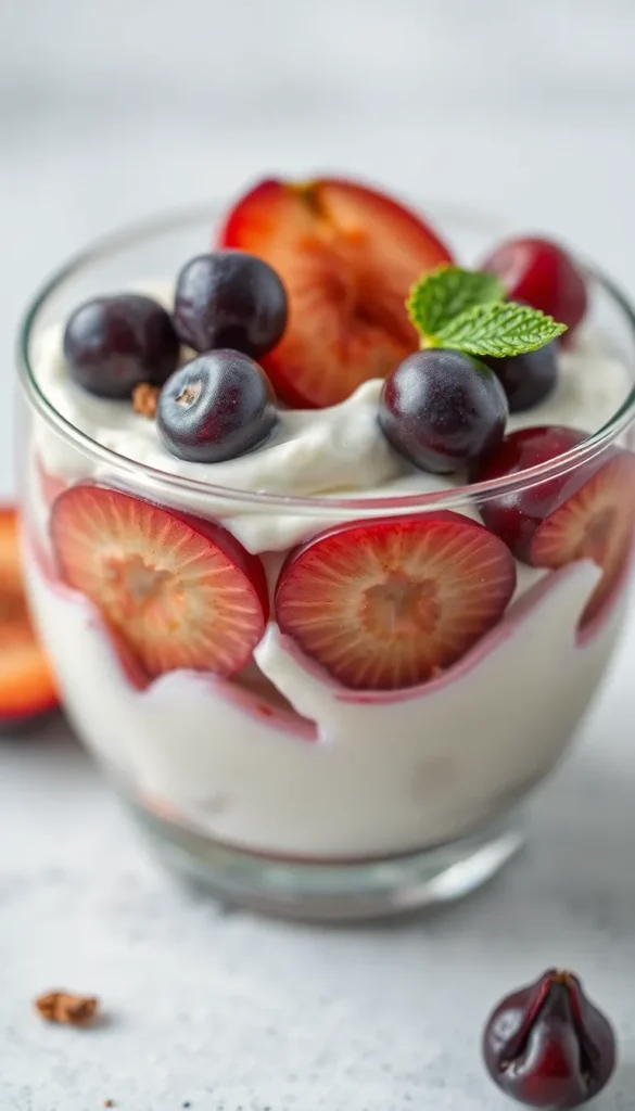 Breakfast parfait made with Greek yogurt, fresh plum, and vanilla