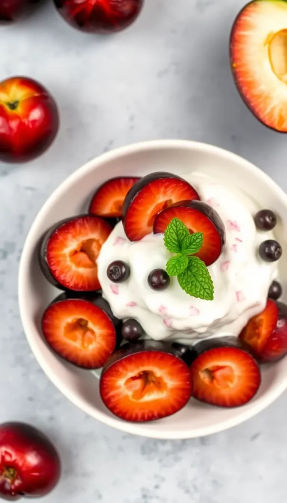 Sugar-Free Plum Yogurt Parfait  Spoon scooping creamy plum parfait with crunchy topping
